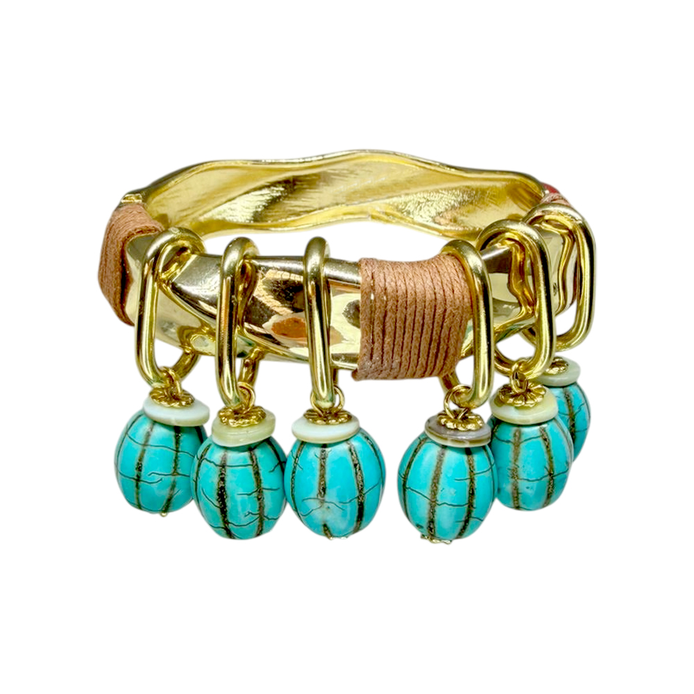 BRACELETE DOURADO C/ BOLAS TURQUESAS - Imagem 1